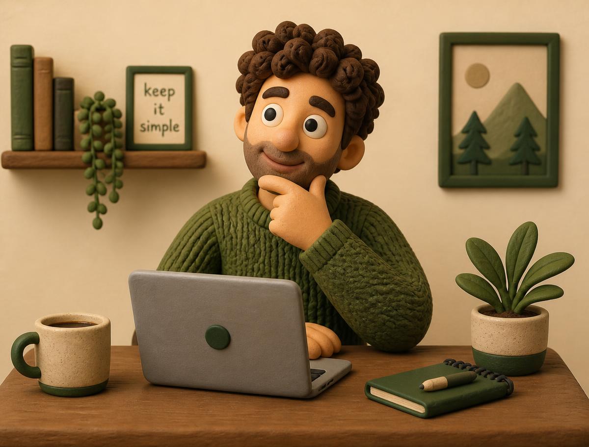 Clay-style illustration of a marketer at a laptop thinking through a problem
