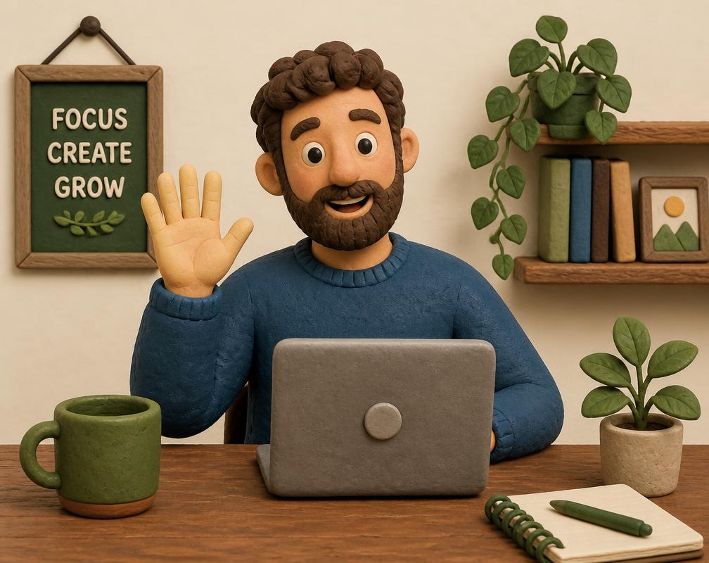 Clay-style illustration of a specialist waving at their laptop